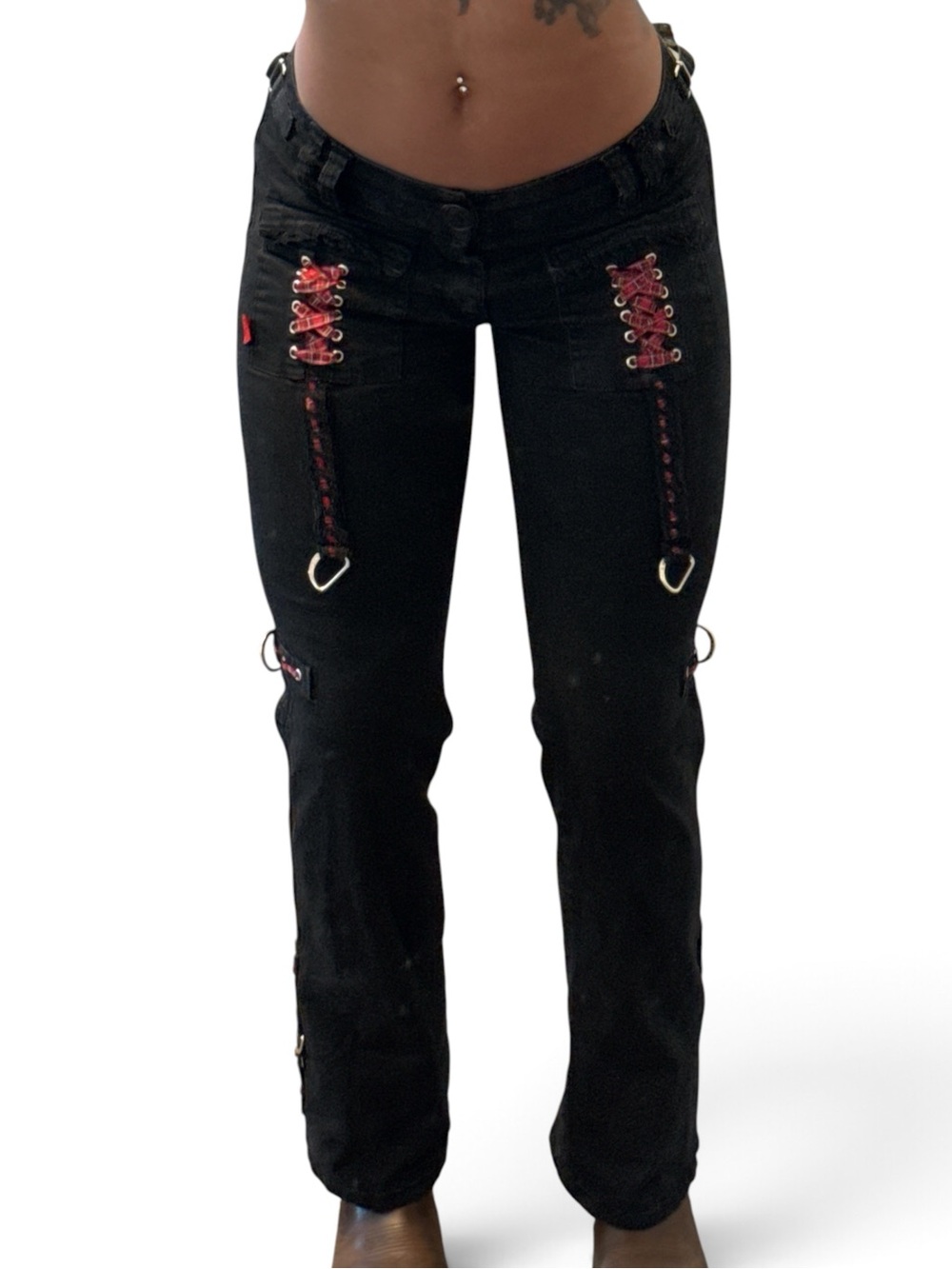 Tripp NYC Black Boot-Cut Jeans with Red Lace-Up Accents